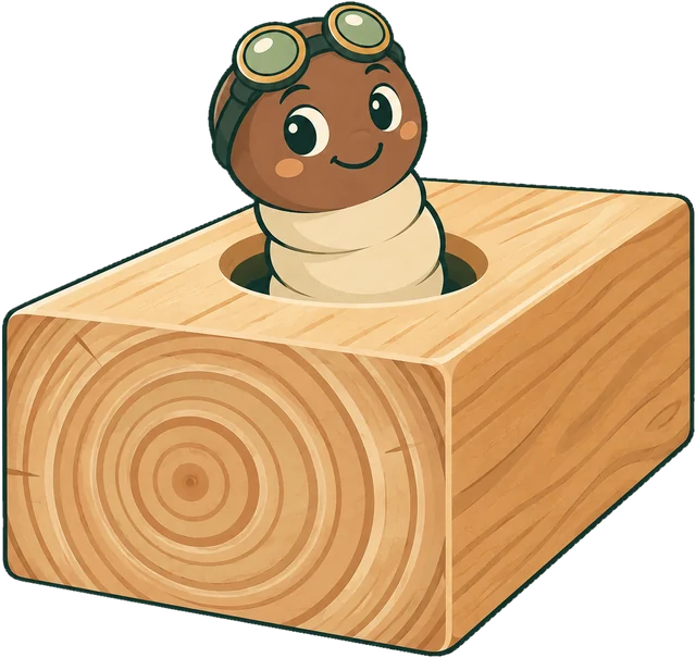 Bohrbert schaut aus einem Holzklotz mit Jahresringen