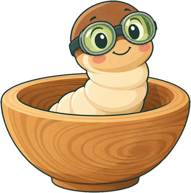 Bohrbert, der Holzwurm, mit Schutzbrille in einer gedrechselten Schale
